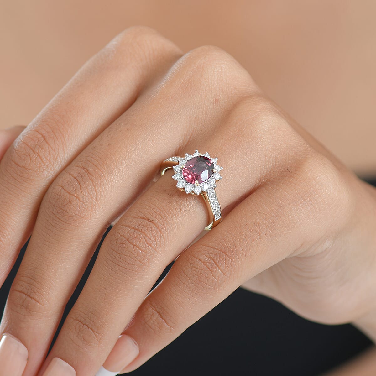 AAA Raspberry Zircon and Luxuriant Lab Grown Diamond G-H SI 3.51 ctw Ring in 10K Yellow Gold (Size 6.0) image number 2