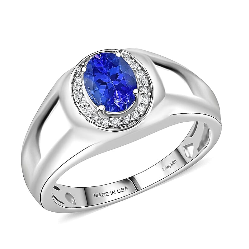 D'Joy AAA Tanzanite, Diamond Men's Ring in Rhodium Over Sterling Silver 1.15 ctw (Size 10.0)