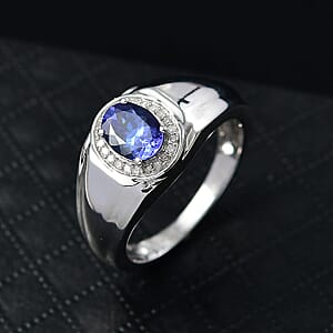 D'Joy AAA Tanzanite, Diamond Men's Ring in Rhodium Over Sterling Silver 1.15 ctw (Size 10.0)