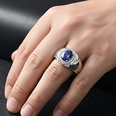 D'Joy AAA Tanzanite, Diamond Men's Ring in Rhodium Over Sterling Silver 1.15 ctw (Size 10.0)