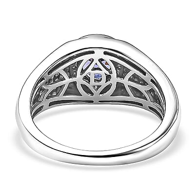 D'Joy AAA Tanzanite, Diamond Men's Ring in Rhodium Over Sterling Silver 1.15 ctw (Size 10.0)