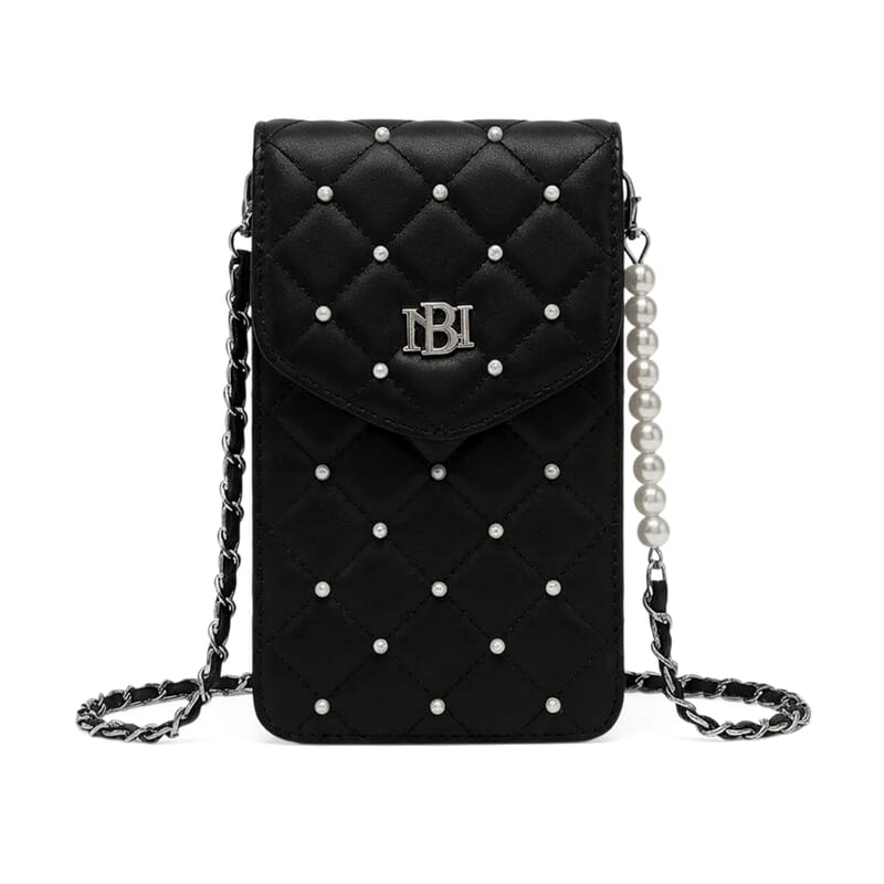 Closeout Badgley Mischka Black Vegan Leather Quilted Pearl Cell Phone Crossbody Bag
