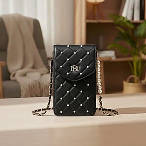 Closeout Badgley Mischka Black Vegan Leather Quilted Pearl Cell Phone Crossbody Bag