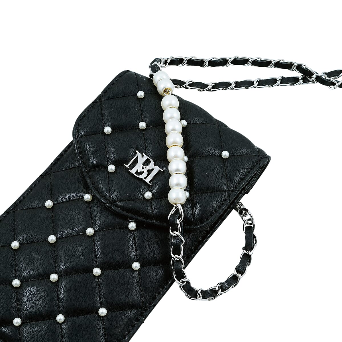 Closeout Badgley Mischka Black Vegan Leather Quilted Pearl Cell Phone Crossbody Bag image number 5