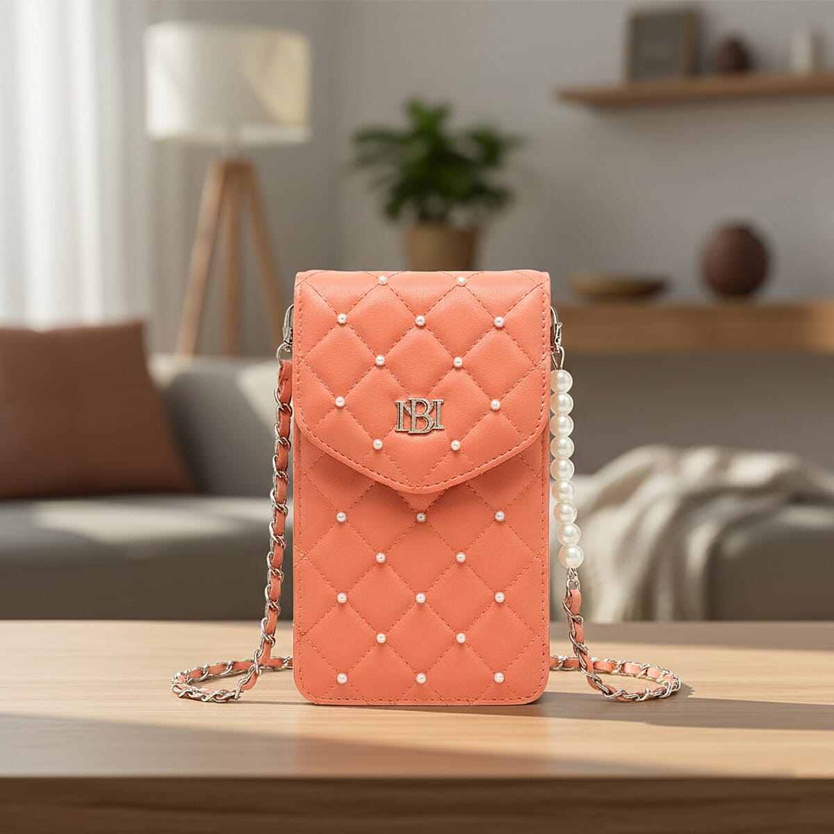 Closeout Badgley Mischka Coral Vegan Leather Quilted Pearl Cell Phone Crossbody Bag image number 1