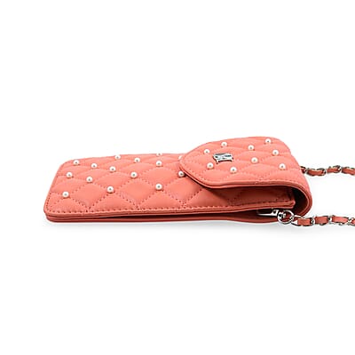 Closeout Badgley Mischka Coral Vegan Leather Quilted Pearl Cell Phone Crossbody Bag