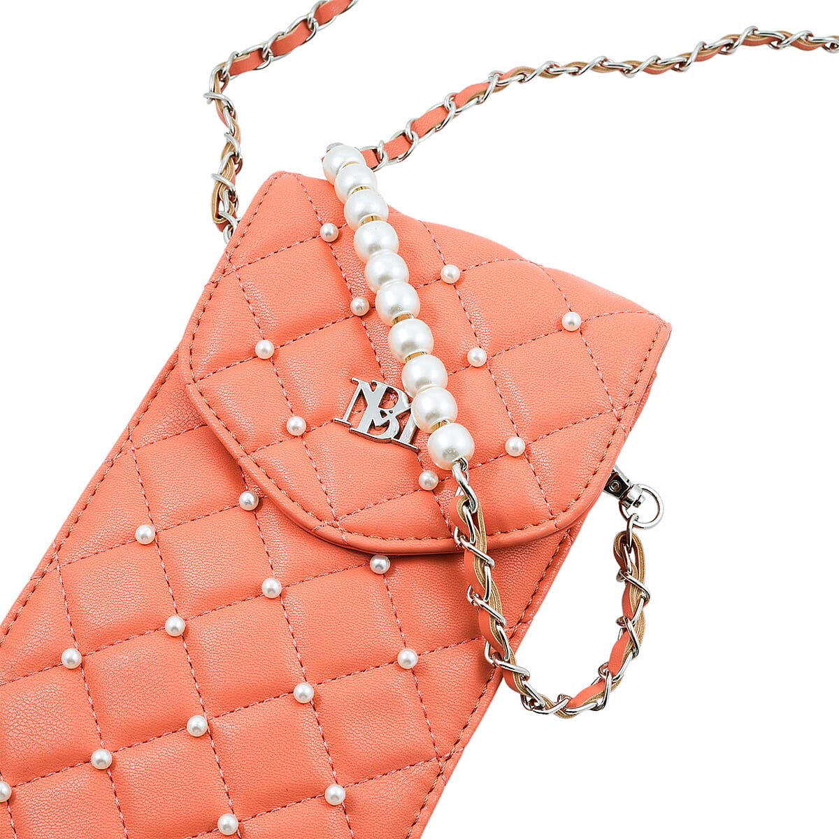Closeout Badgley Mischka Coral Vegan Leather Quilted Pearl Cell Phone Crossbody Bag image number 5