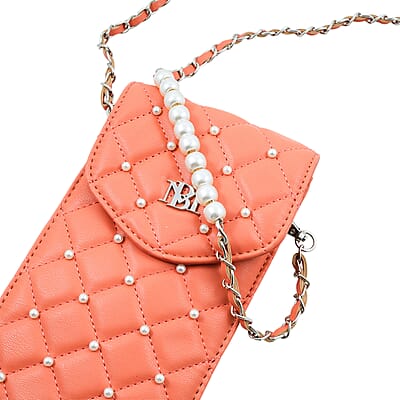 Closeout Badgley Mischka Coral Vegan Leather Quilted Pearl Cell Phone Crossbody Bag