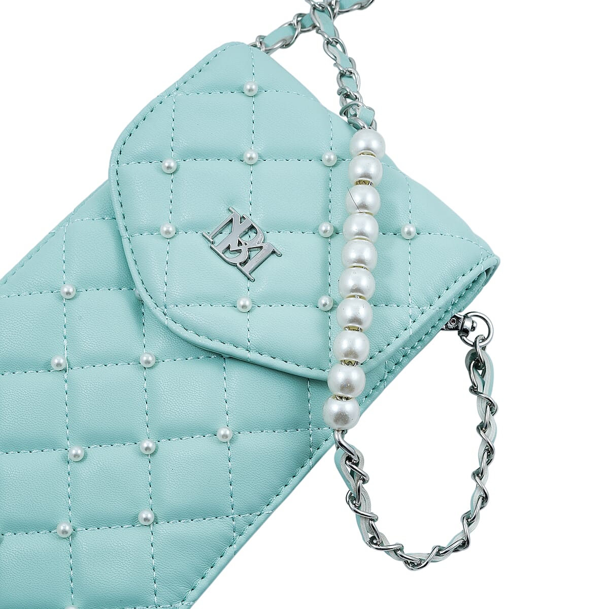 Closeout Badgley Mischka Green Vegan Leather Quilted Pearl Cell Phone Crossbody Bag image number 4