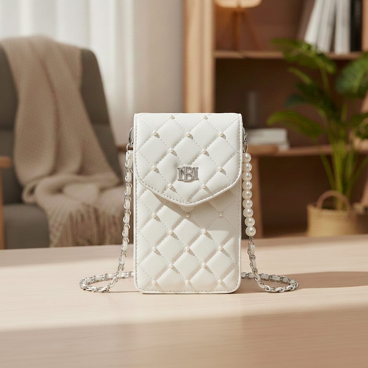 Closeout Badgley Mischka Ivory Vegan Leather Quilted Pearl Cell Phone Crossbody Bag image number 1