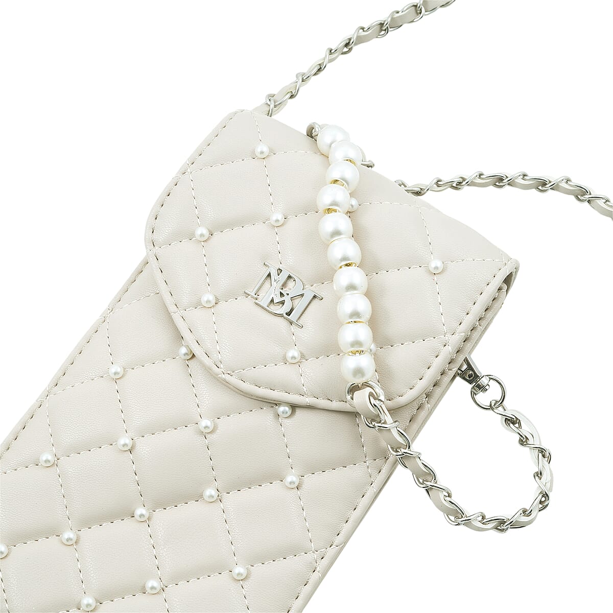 Closeout Badgley Mischka Ivory Vegan Leather Quilted Pearl Cell Phone Crossbody Bag image number 5