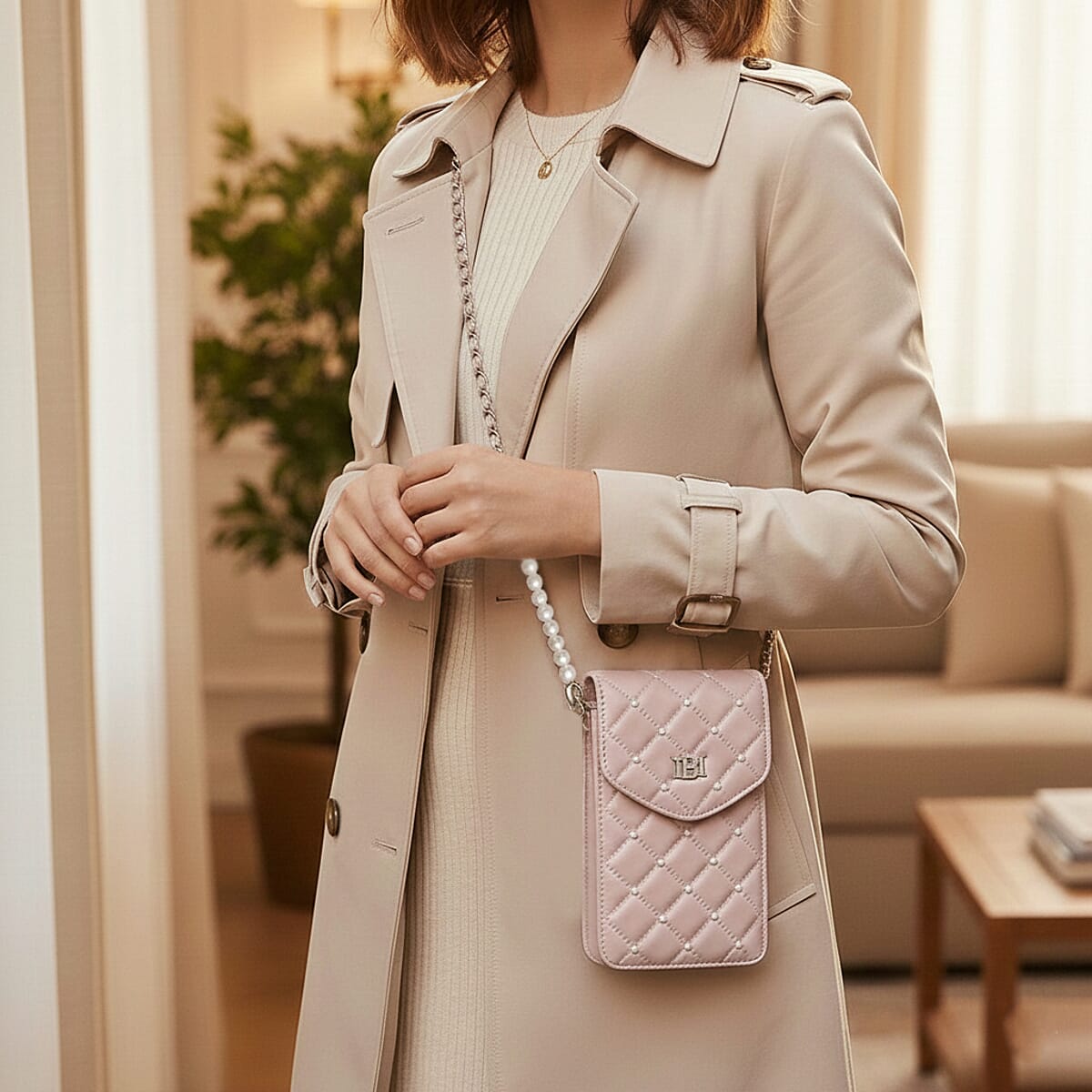 Closeout Badgley Mischka Pink Vegan Leather Quilted Pearl Cell Phone Crossbody Bag image number 2