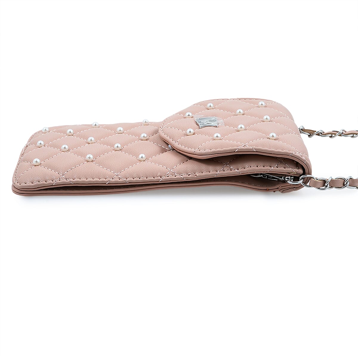 Closeout Badgley Mischka Pink Vegan Leather Quilted Pearl Cell Phone Crossbody Bag image number 4