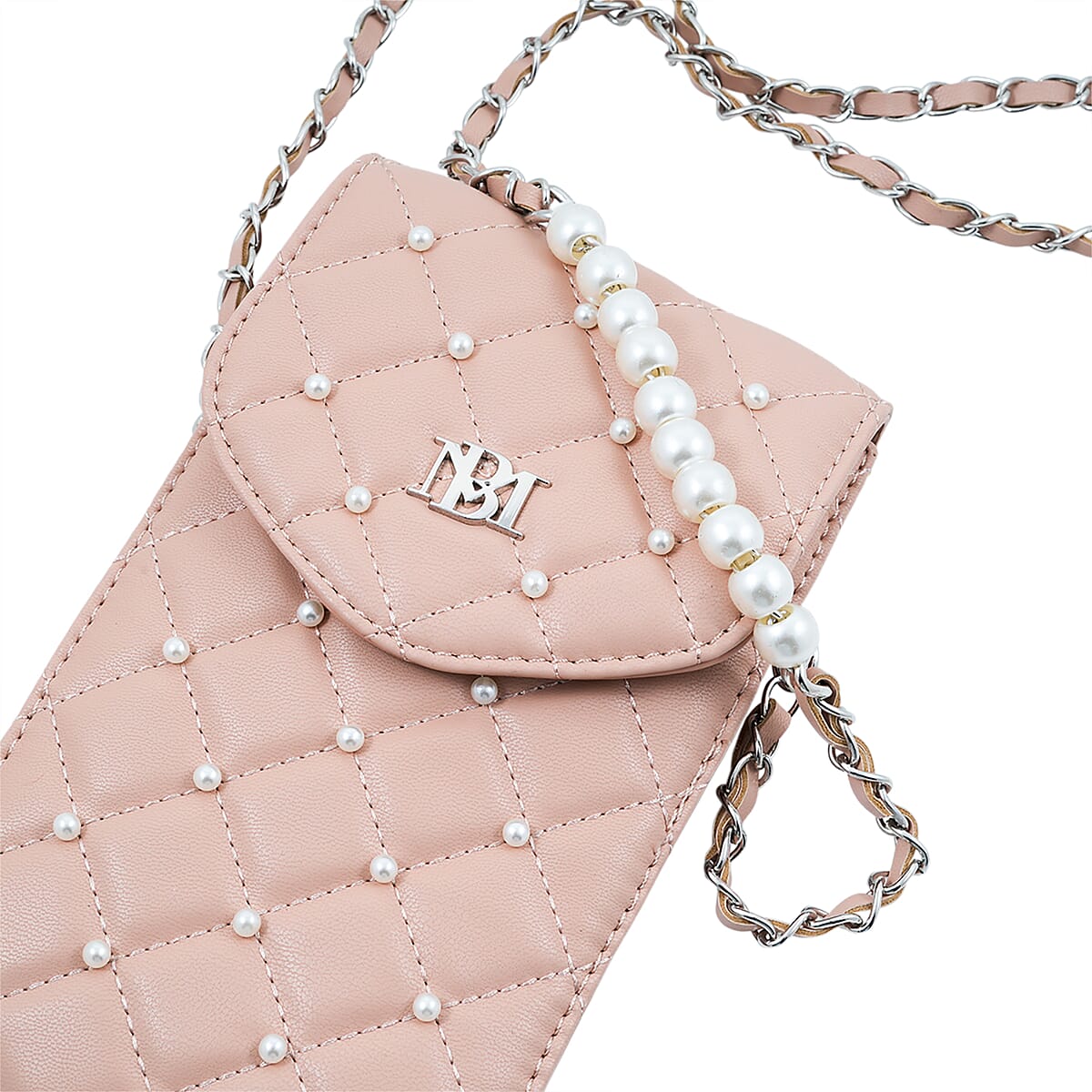 Closeout Badgley Mischka Pink Vegan Leather Quilted Pearl Cell Phone Crossbody Bag image number 5