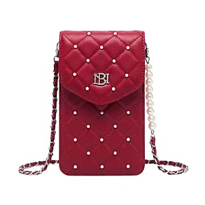 Closeout Badgley Mischka Red Vegan Leather Quilted Pearl Cell Phone Crossbody Bag (8x4.5x1.5)