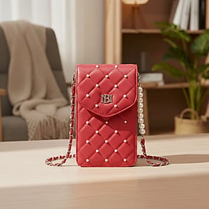 Closeout Badgley Mischka Red Vegan Leather Quilted Pearl Cell Phone Crossbody Bag (8x4.5x1.5)