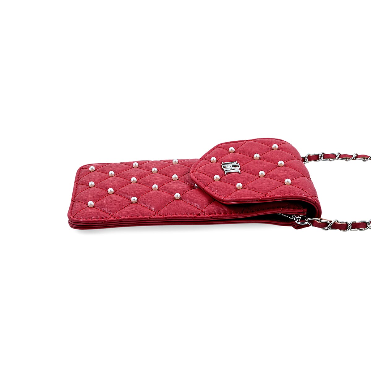 Closeout Badgley Mischka Red Vegan Leather Quilted Pearl Cell Phone Crossbody Bag (8x4.5x1.5) image number 4