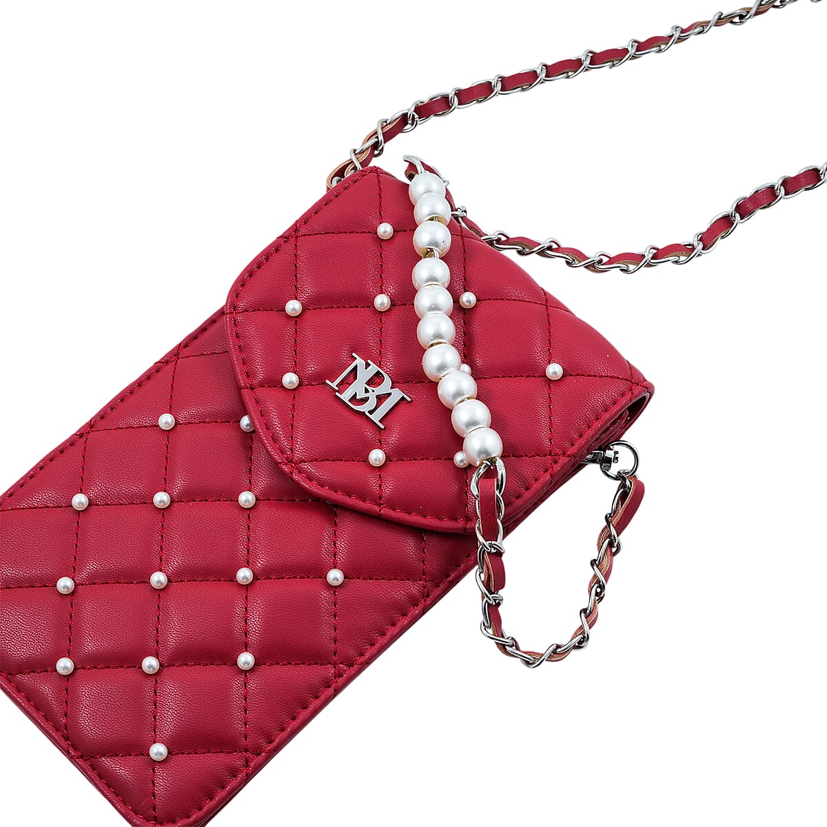 Closeout Badgley Mischka Red Vegan Leather Quilted Pearl Cell Phone Crossbody Bag (8x4.5x1.5) image number 5
