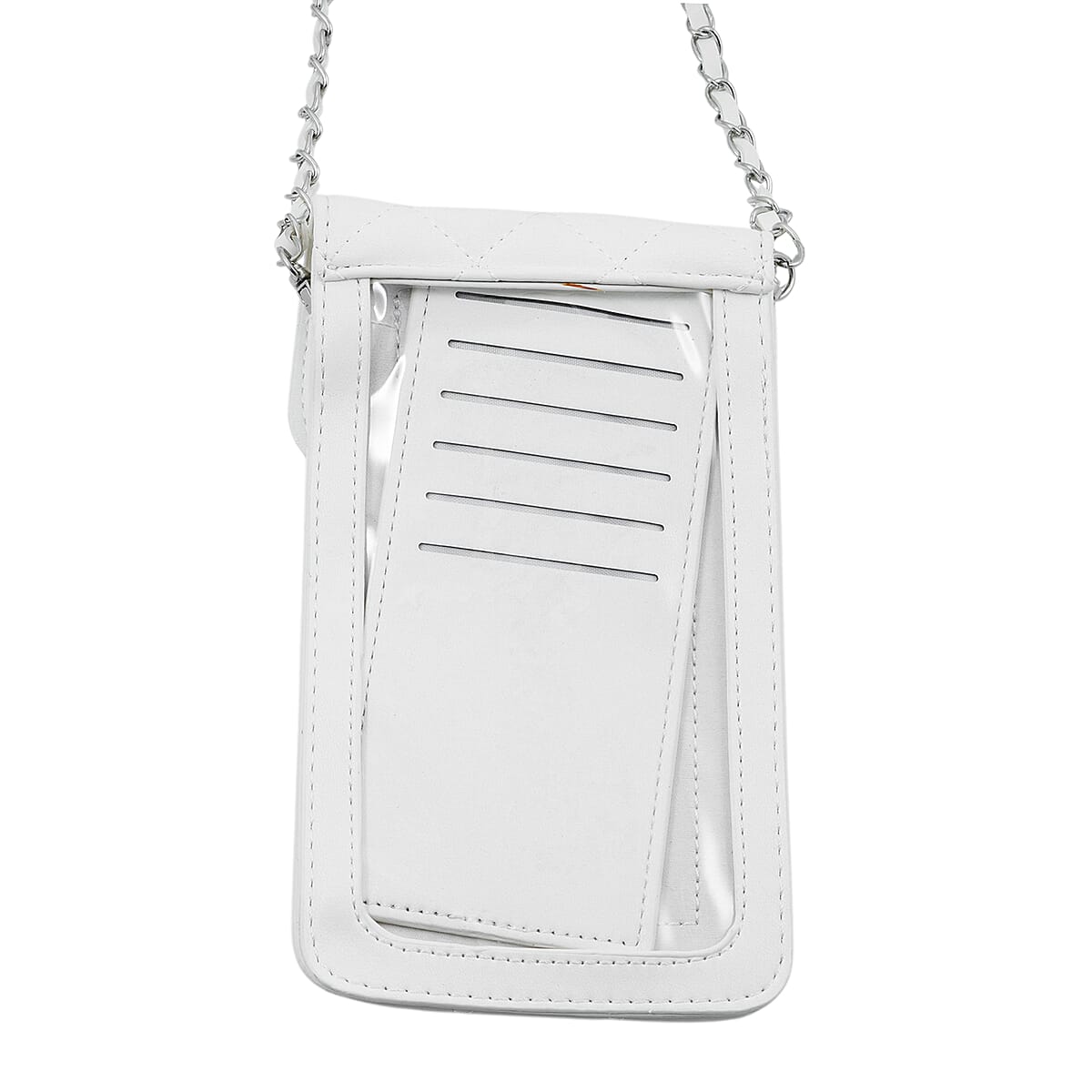 Closeout Badgley Mischka White Vegan Leather Quilted Pearl Cell Phone Crossbody Bag (8x4.5x1.5) image number 3