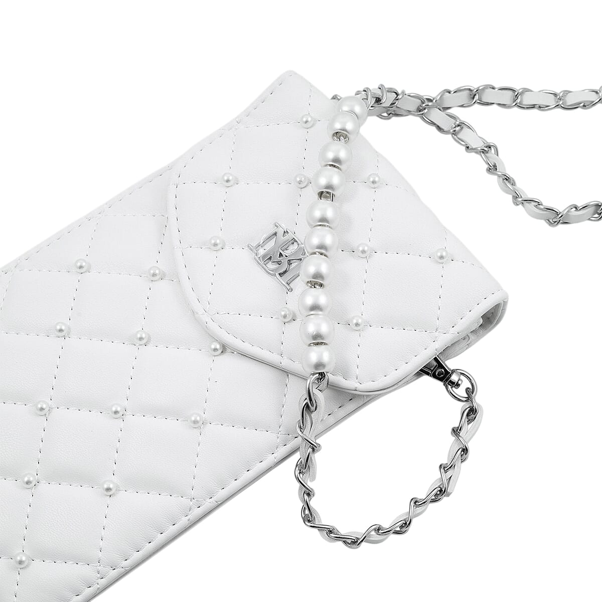 Closeout Badgley Mischka White Vegan Leather Quilted Pearl Cell Phone Crossbody Bag (8x4.5x1.5) image number 4