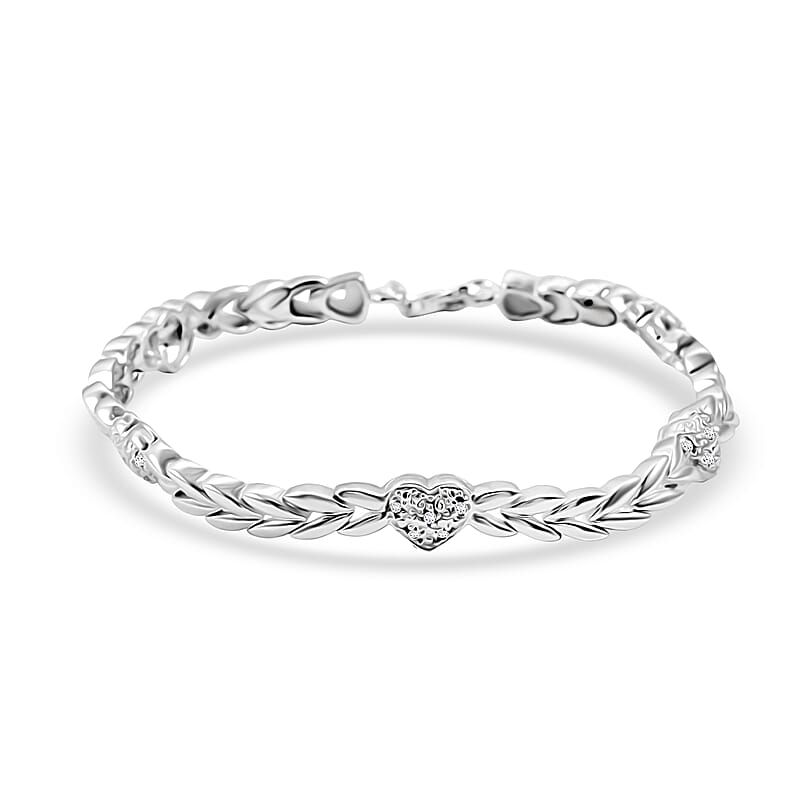 White Diamond 0.25 ctw Heart Station Bracelet in Rhodium Over Sterling Silver (7.50 In)