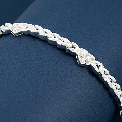 White Diamond 0.25 ctw Heart Station Bracelet in Rhodium Over Sterling Silver (7.50 In)