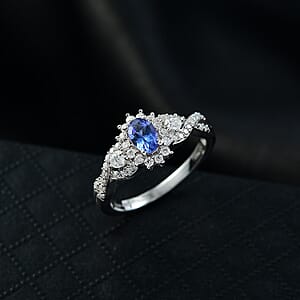 D'Joy AAA Tanzanite, Moissanite Ring in Rhodium Over Sterling Silver 1.00 ctw (Size 8.0)