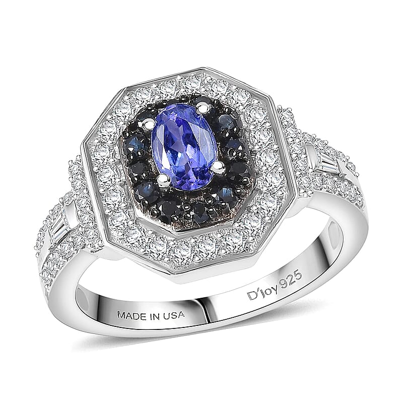 D'Joy AAA Tanzanite, Multi Gemstone Halo Ring in Rhodium Over Sterling Silver 1.50 ctw (Size 10.0)