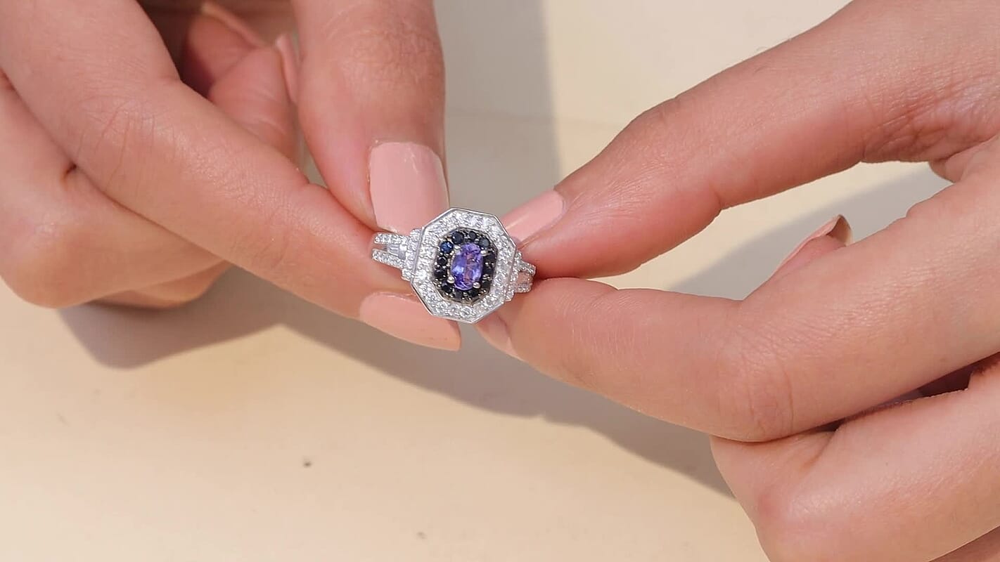 D'Joy AAA Tanzanite, Multi Gemstone Ring in Rhodium Over Sterling Silver (Size 10.0) 1.50 ctw