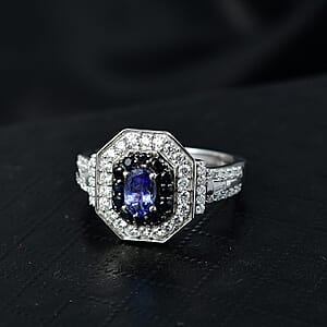 D'Joy AAA Tanzanite, Multi Gemstone Halo Ring in Rhodium Over Sterling Silver 1.50 ctw (Size 10.0)