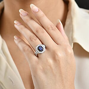 D'Joy AAA Tanzanite, Multi Gemstone Halo Ring in Rhodium Over Sterling Silver 1.50 ctw (Size 10.0)