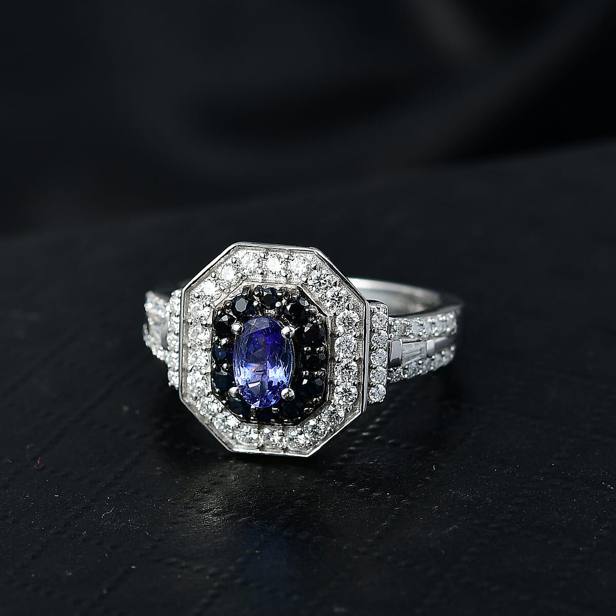 D'Joy AAA Tanzanite and Multi Gemstone 1.50 ctw Royale Halo Ring in Rhodium Over Sterling Silver (Size 5.0) image number 1
