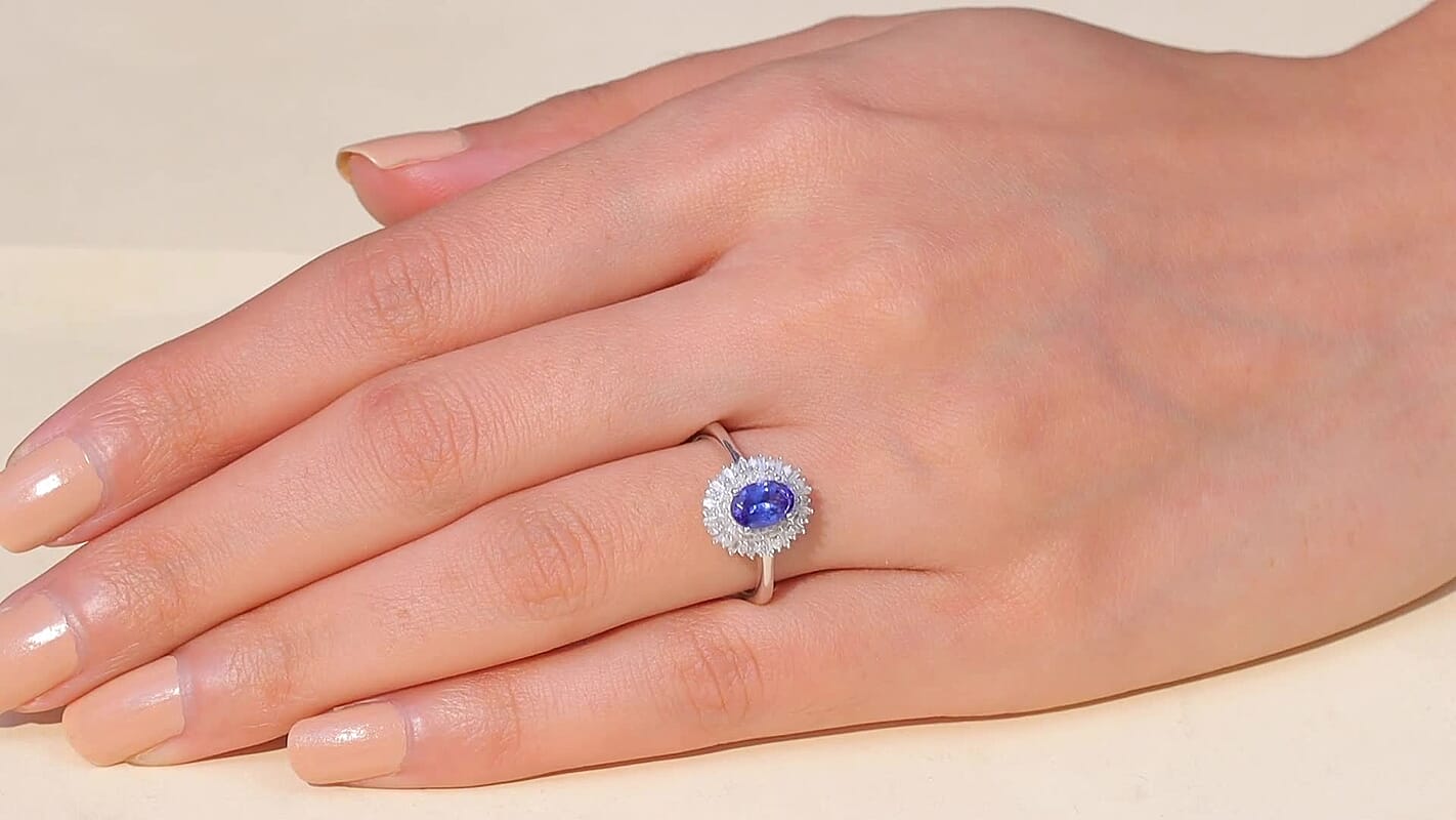 D'Joy AAA Tanzanite, Diamond (0.28 cts) Ring in Rhodium Over Sterling Silver (Size 10.0) 1.10 ctw