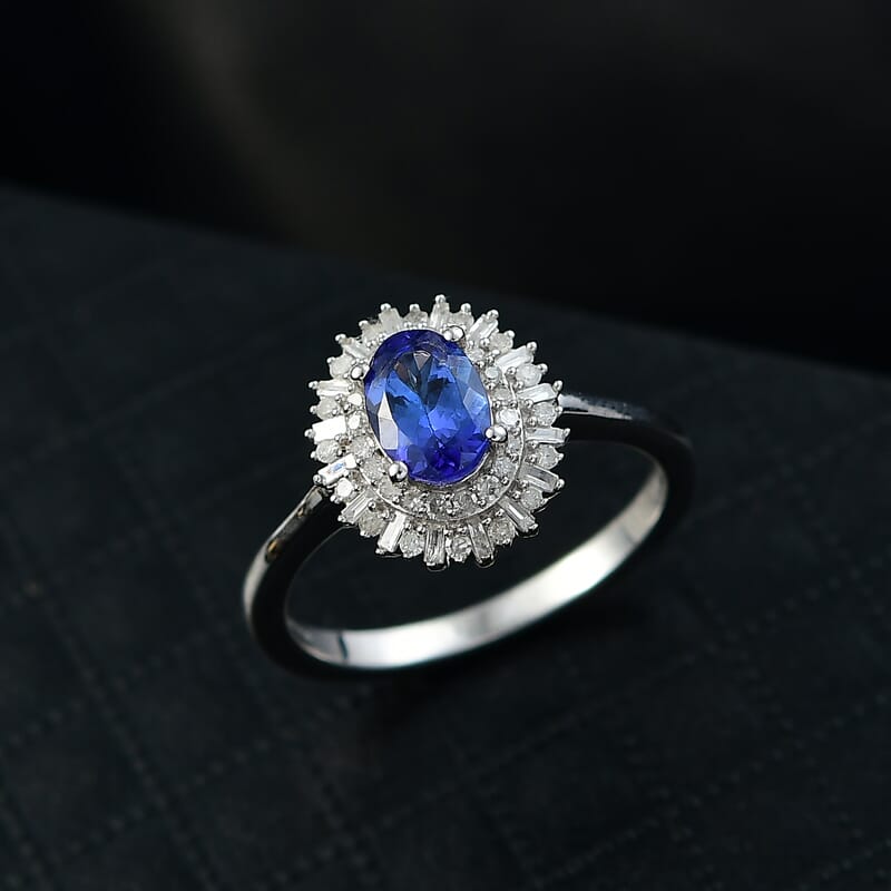 D'Joy AAA Tanzanite, Diamond Ring in Rhodium Over Sterling Silver 1.10 ctw (Size 5.0)