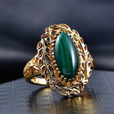 EverTrue African Malachite 7.15 ctw Tropical Forest Ring in 18K YG Plated (Size 11.0)