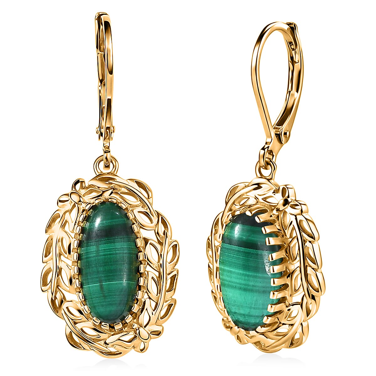 EverTrue African Malachite 6.30 ctw Tropical Forest Earrings in 18K YG Plated