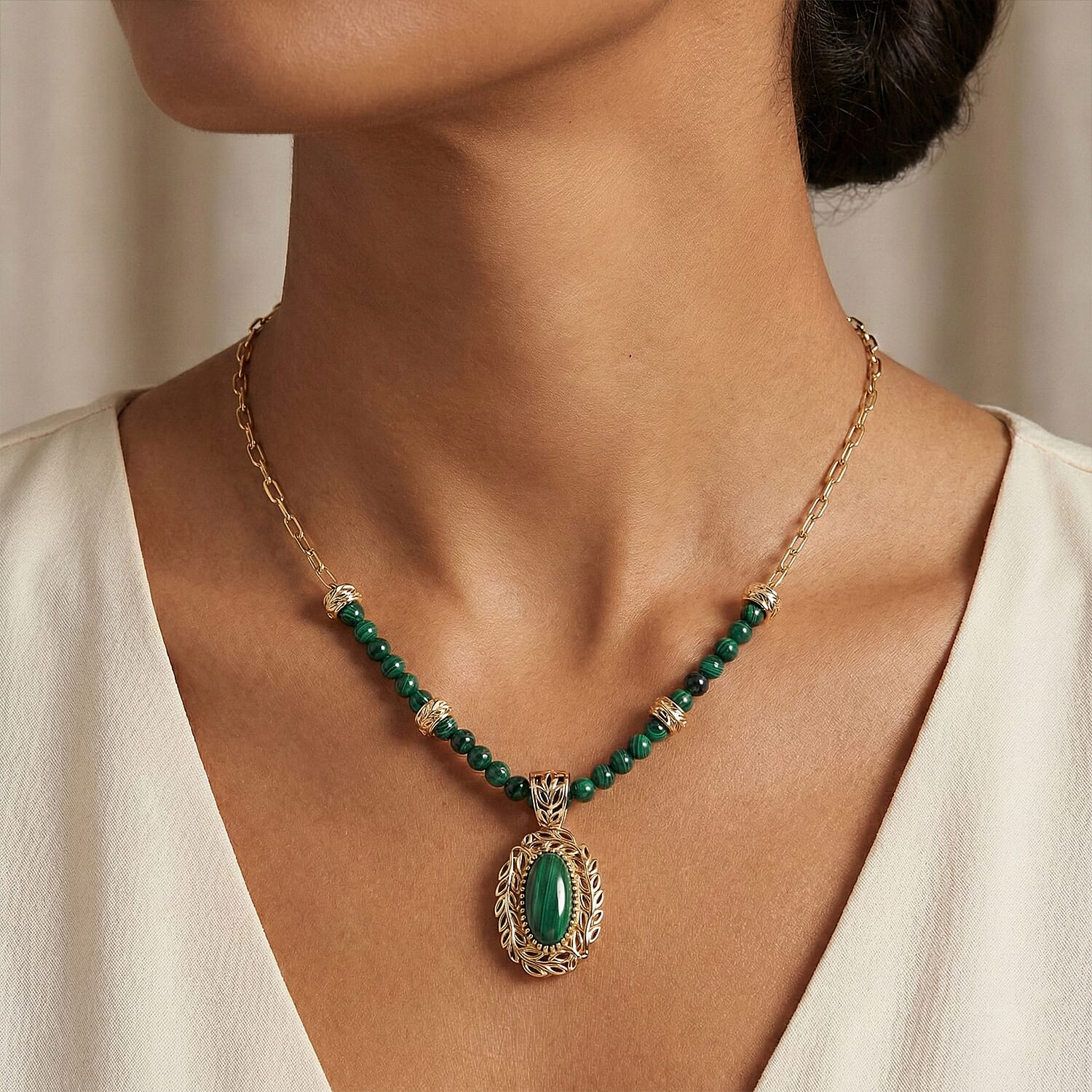 EverTrue African Malachite 32.35 ctw Tropical Forest Necklace in 18K YG Plated 18 Inches