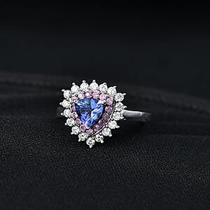 D'Joy AAA Tanzanite, Multi Gemstone Ring in Rhodium Over Sterling Silver 1.60 ctw (Size 10.0)