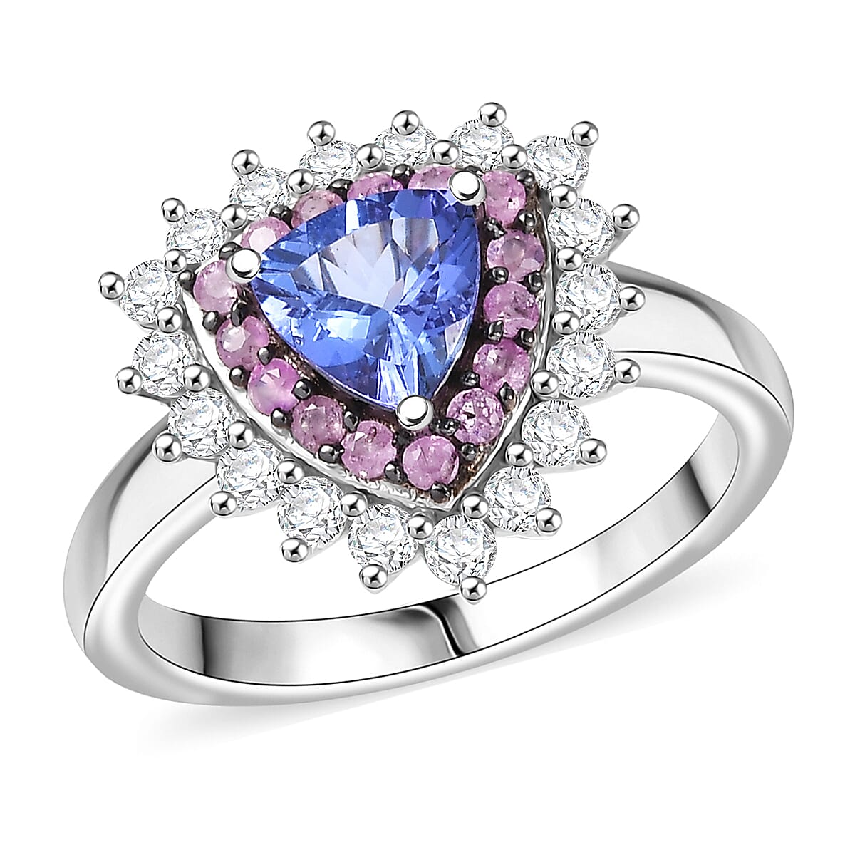 D'Joy AAA Tanzanite, Multi Gemstone Ring in Rhodium Over Sterling Silver (Size 6.0) 1.60 ctw