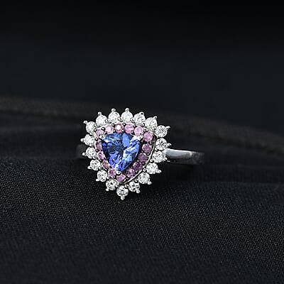 D'Joy AAA Tanzanite, Multi Gemstone Royale Aura Ring in Rhodium Over Sterling Silver 1.60 ctw (Size 7.0)