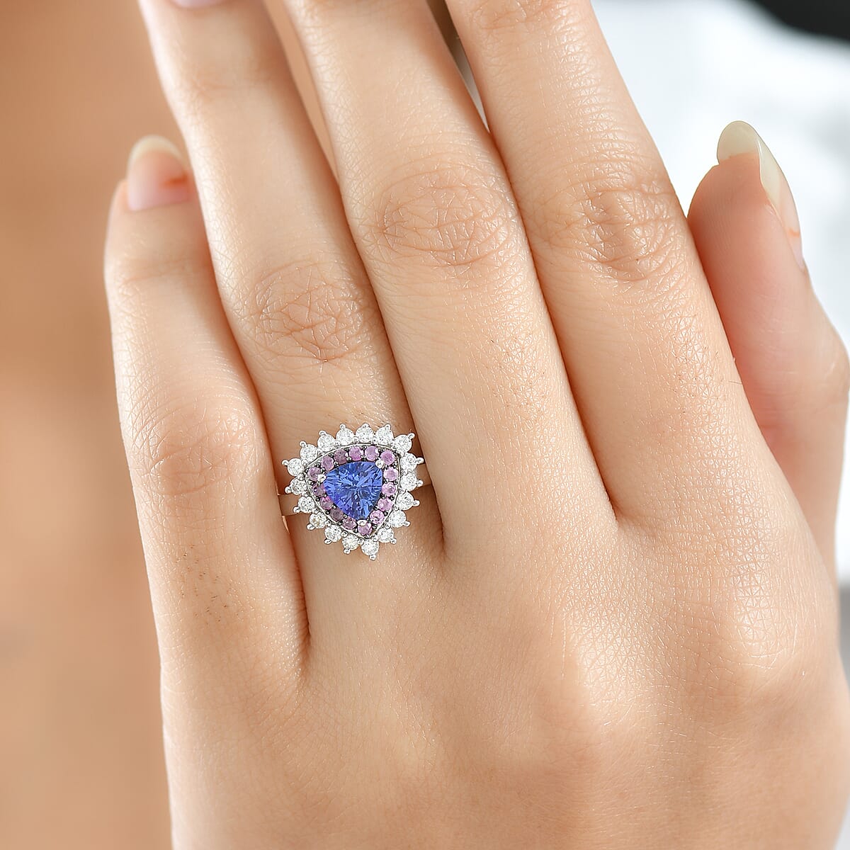 D'Joy AAA Tanzanite and Multi Gemstone 1.60 ctw Royale Aura Ring in Rhodium Over Sterling Silver (Size 7.0) image number 2