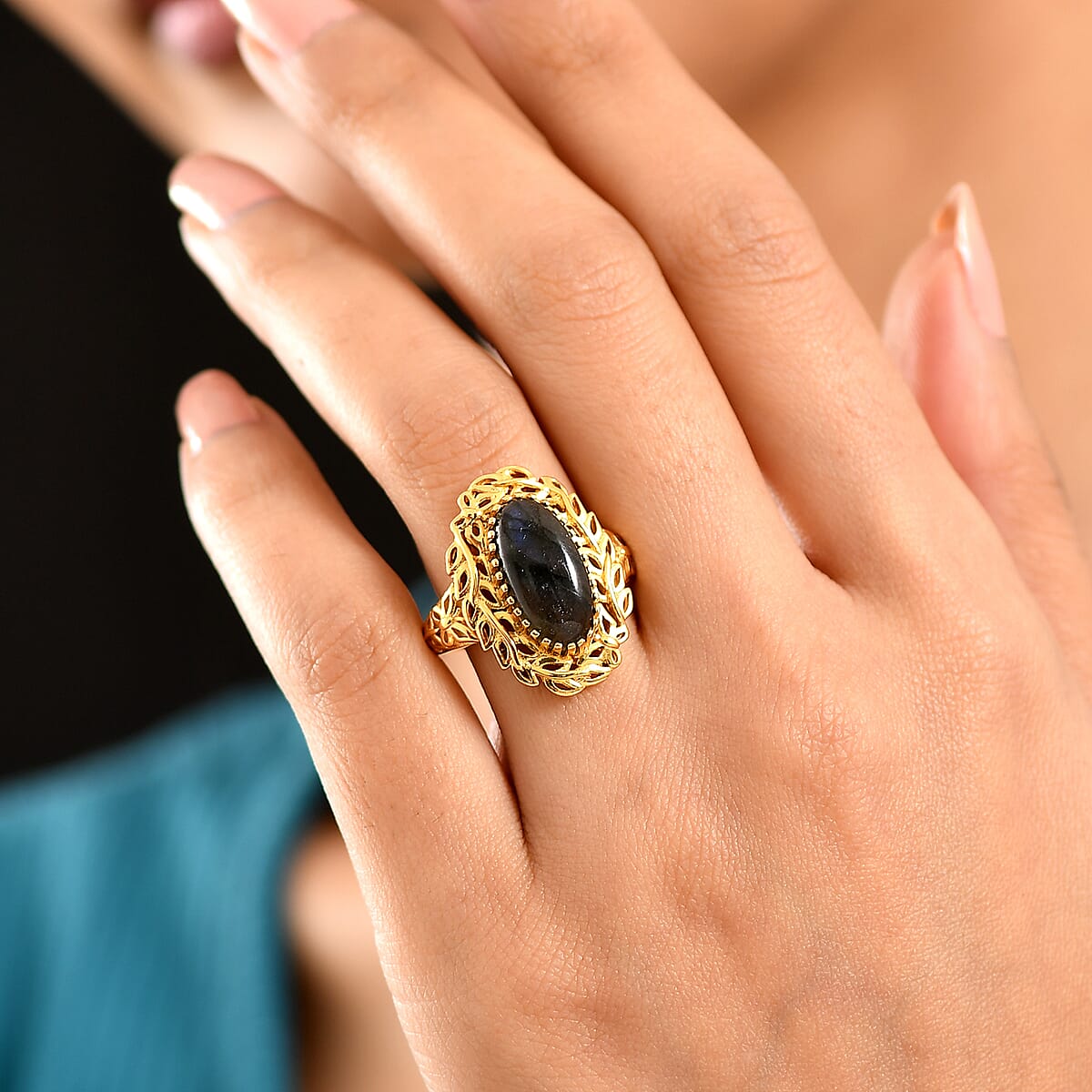 EverTrue Malagasy Labradorite 5.15 ctw  Tropical Forest Ring in 18K YG Plated (Size 8.0) image number 2