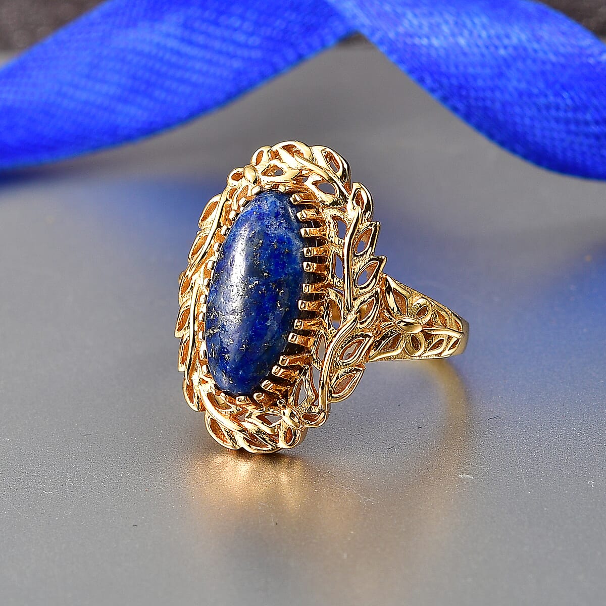 EverTrue Lapis Lazuli 5.80 ctw Tropical Forest Ring in 18K Yellow Gold Plated (Size 10.0) image number 1