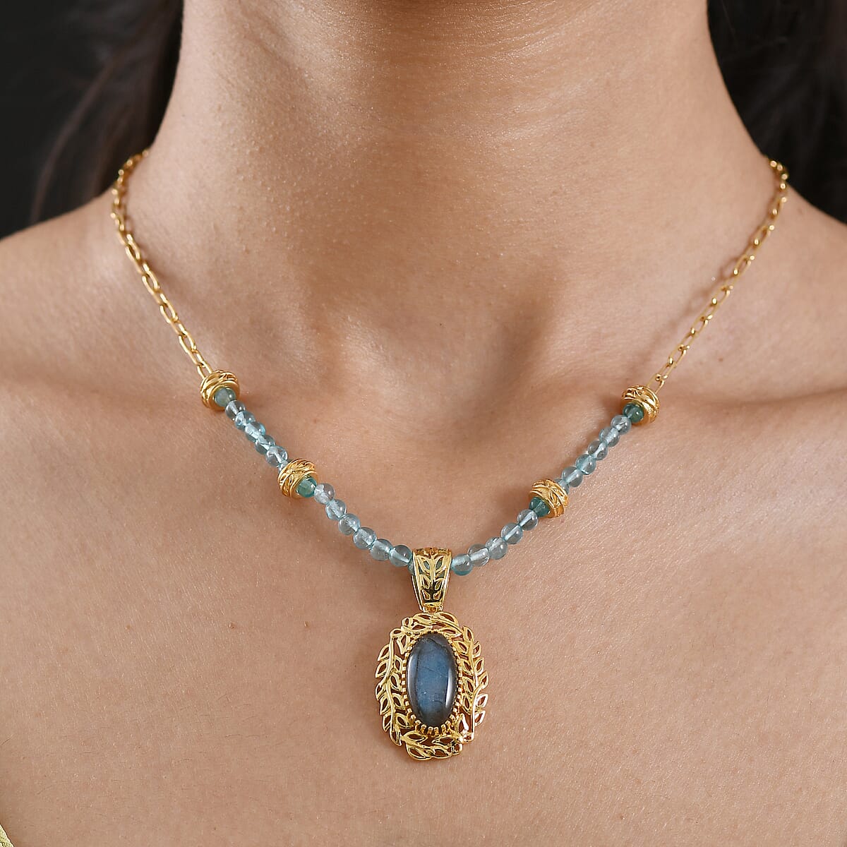 EverTrue Malagasy Labradorite and Apatite 22.00 ctw Tropical Forest Necklace in 18K YG Plated 18 Inches  image number 2