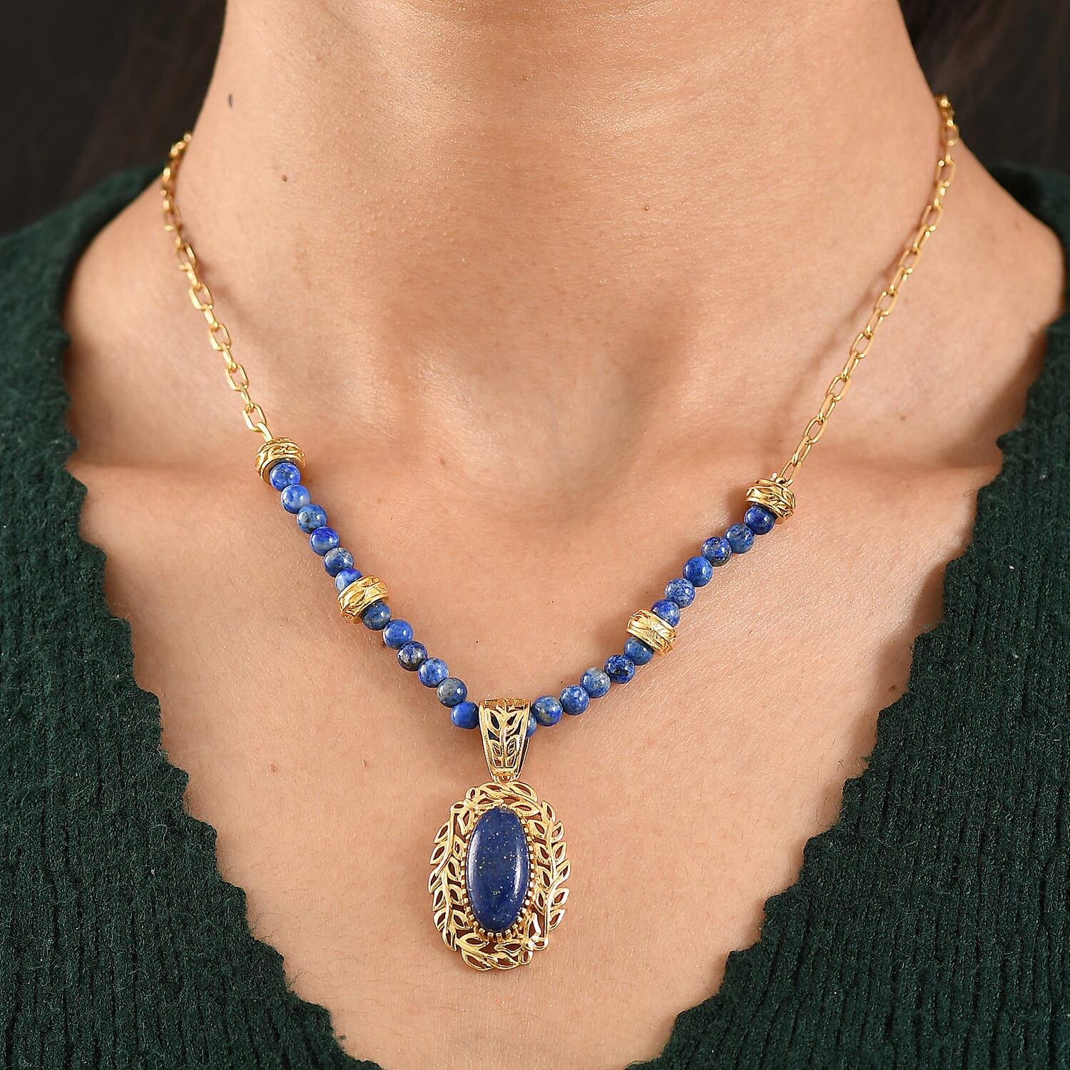 EverTrue Lapis Lazuli 23.40 ctw Tropical Forest Necklace in 18K YG Plated 18-20 Inches