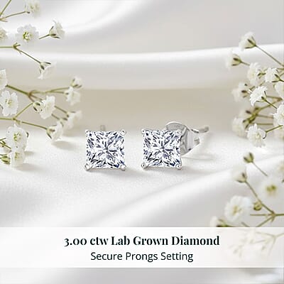 IGI Certified Princess Cut Luxuriant Lab Grown Diamond Earrings in 950 Palladium with 10K WG Push Post 3.00 ctw