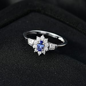 D'Joy AAA Tanzanite, Moissanite Starburst Ring in Rhodium Over Sterling Silver 0.65 ctw (Size 10.0)