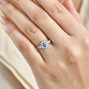 D'Joy AAA Tanzanite, Moissanite Starburst Ring in Rhodium Over Sterling Silver 0.65 ctw (Size 10.0)