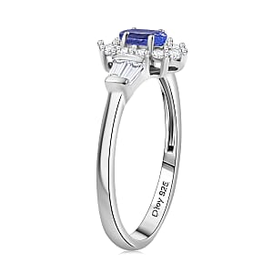 D'Joy AAA Tanzanite, Moissanite Starburst Ring in Rhodium Over Sterling Silver 0.65 ctw (Size 10.0)
