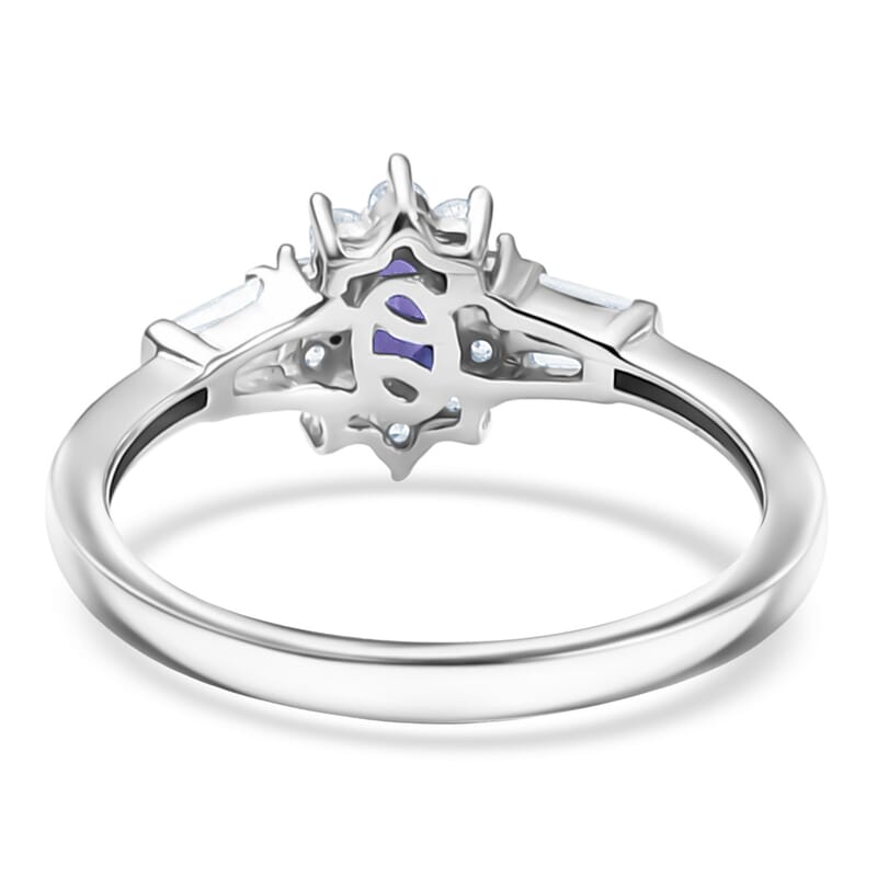 D'Joy AAA Tanzanite, Moissanite Starburst Ring in Rhodium Over Sterling Silver 0.65 ctw (Size 10.0)